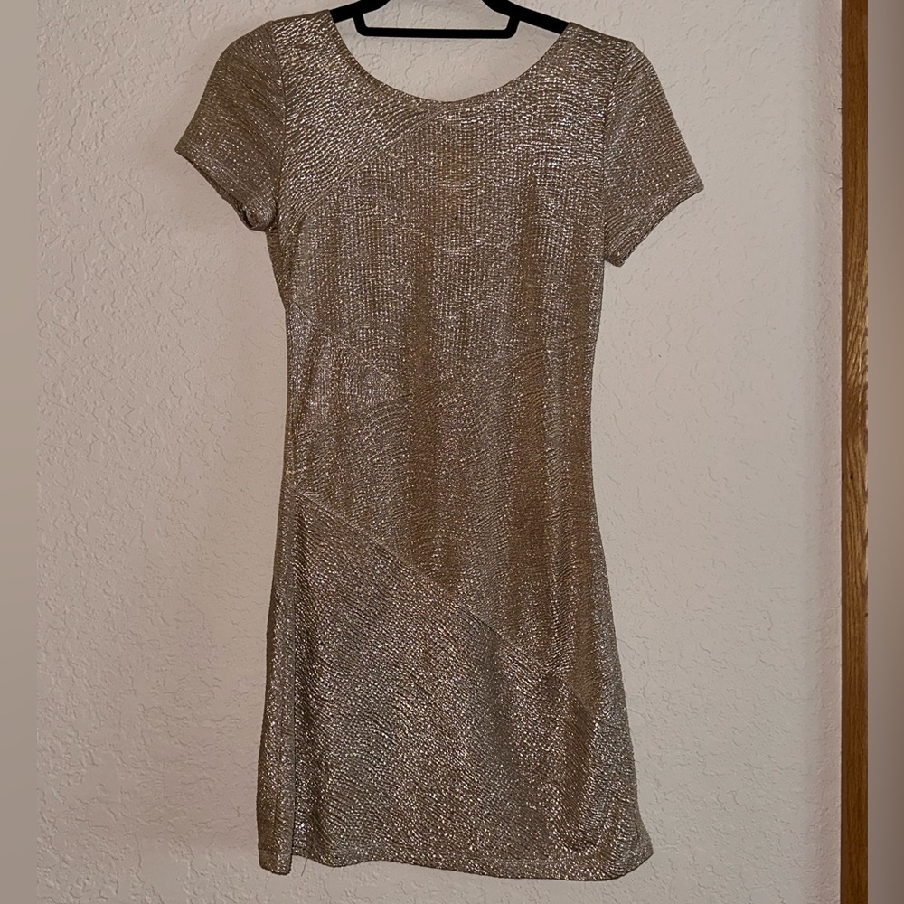 Free People Metallic Gold Short Sleeve Moonage Daydream Mini Dress